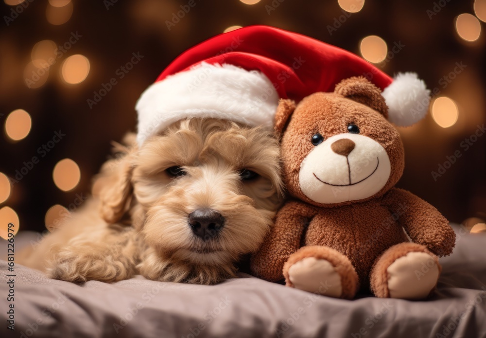 Dog with teddy bear christmas celebration Dog with teddy bear christmas celebration