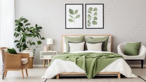 Cozy bedroom natural style interior design, bed with white and green bedding, rattan armchair, plants posters, wooden bench, soft plaid photo