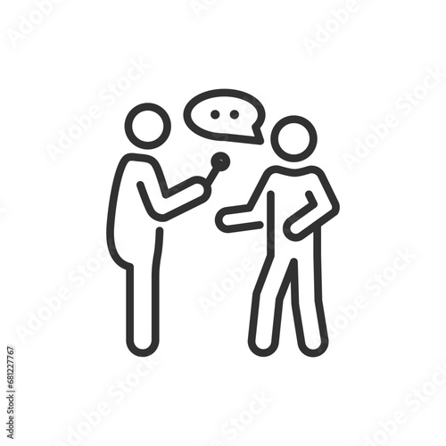 Person is interviewing another person, linear icon. A reporter interviews a passerby. Line with editable stroke