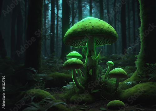 Mossy forest with a close-up of a green glowing mushroom photo