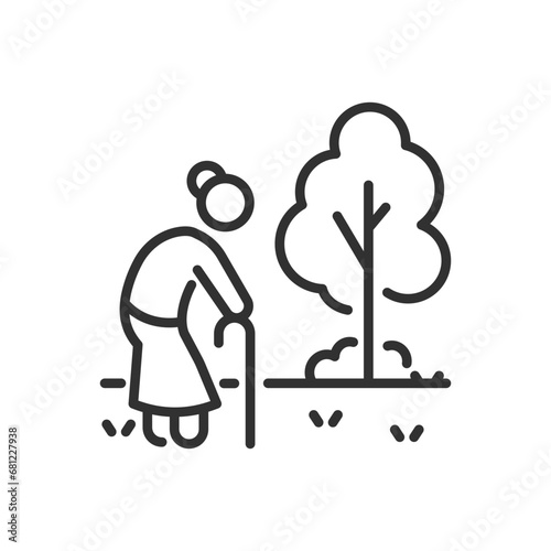 An elderly woman with a cane walks in nature, linear icon. Line with editable stroke