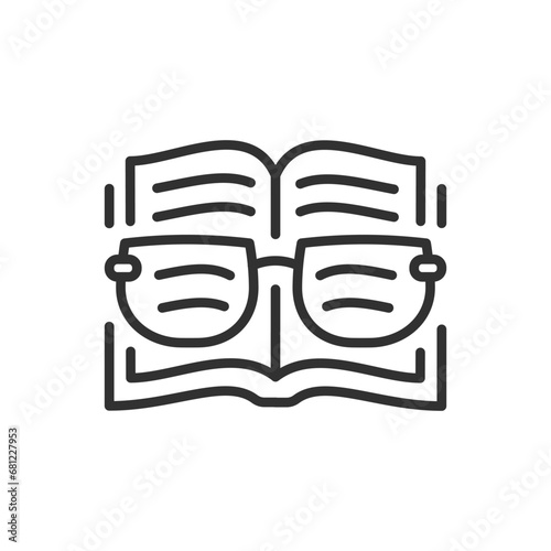 A book and reading glasses, linear icon. Line with editable stroke