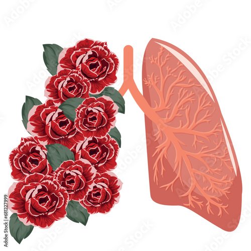 pink, healthy, human lungs with bronchi on one side instead of a rose lung, vector illustration