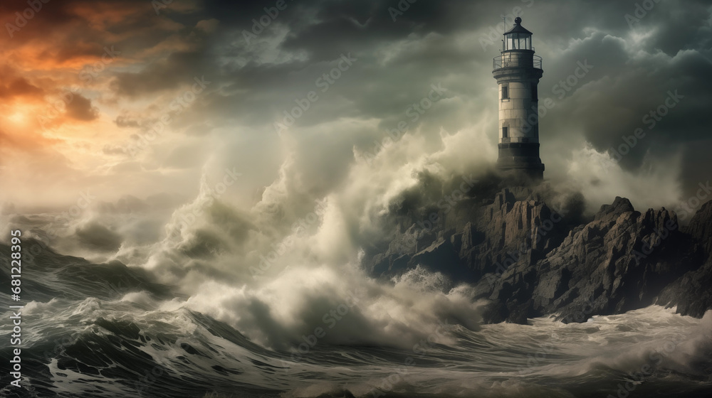 Stormy Sentinel: A lighthouse enduring the fury of a storm, with crashing waves and dramatic clouds, highlighting the strength and steadfastness of these coastal guardians