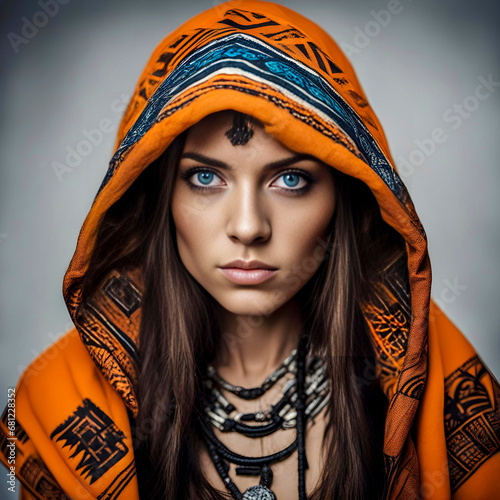 Attractive, heavily made-up young woman with blue eyes and brunette hair in a tribal and stylish costume. She wears an orange hood made of coarse fabric with patterns. Close-up.