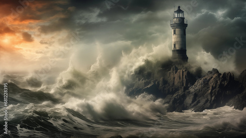 Stormy Sentinel: A lighthouse enduring the fury of a storm, with crashing waves and dramatic clouds, highlighting the strength and steadfastness of these coastal guardians