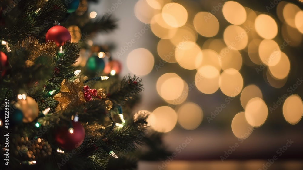 Christmas tree and Christmas lights on bokeh and blurred background. decorations, xmas, celebrate new year happy festival, party, gift, present, card, happiness, countdown, gift box. holiday or party. Christmas tree and Christmas lights on bokeh and blurred background. decorations, xmas, celebrate new year happy festival, party, gift, present, card, happiness, countdown, gift box. holiday or party.