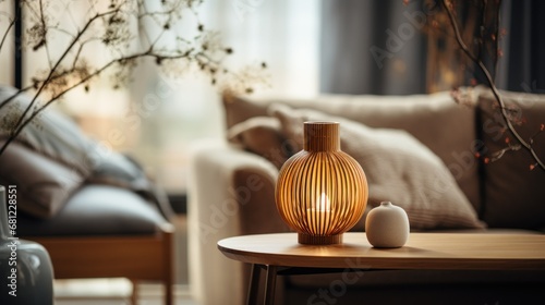 Modern interior japandi style design living room in natural tones. Scandinavian-inspired furniture, elegant accessories, minimal decor. Simplicity and natural beauty