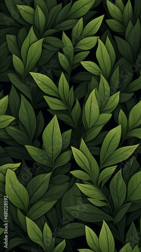 A pattern of dark green leaves on a khaki background