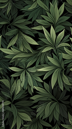 A pattern of dark green leaves on a khaki background photo