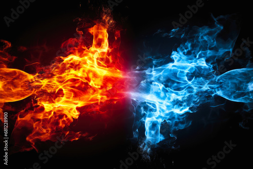 Magic power fire and ice, lights effects, isolated, black background, magical, sorcery