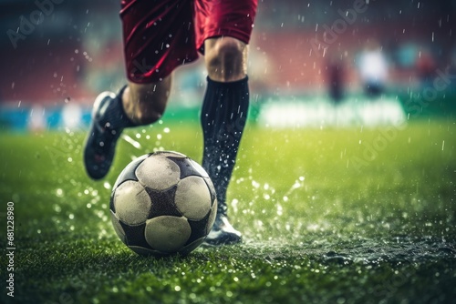 Soccer kicking a ball, splashing water on a wet field.