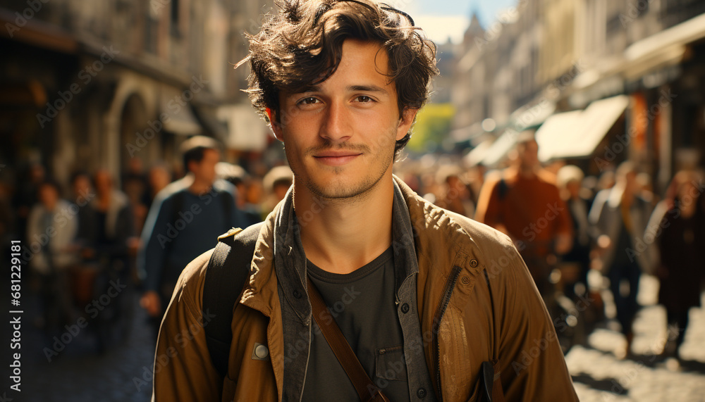 Fototapeta premium Young adult males walking in the city, smiling at the camera generated by AI