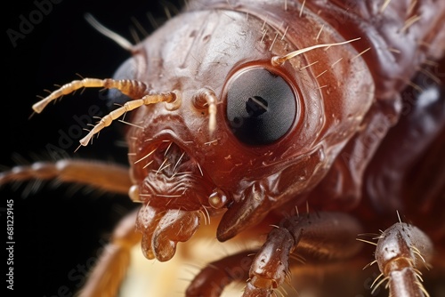 Close-up of a pinkish-brown isopod with antennae on a black background. © Sebastian Studio