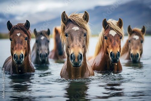 Herd of wild horses running free in nature