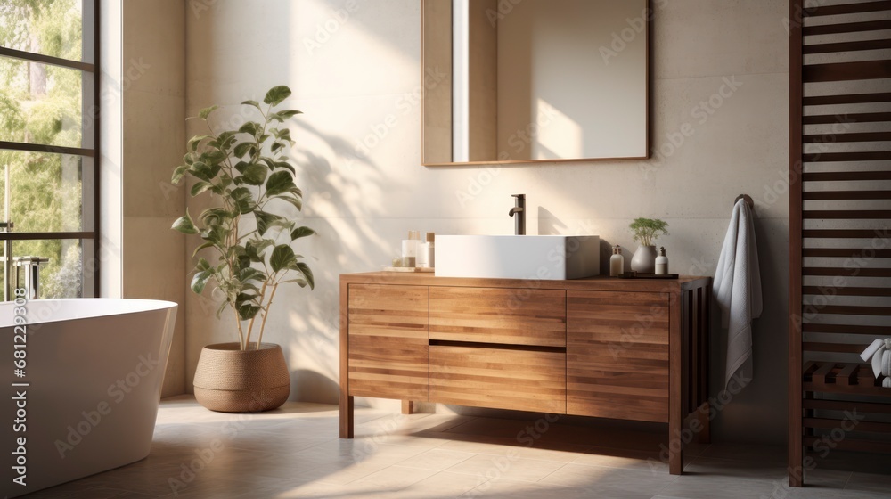 Experience the warmth and charm of a finely crafted wooden bathroom vanity. Generative AI Experience the warmth and charm of a finely crafted wooden bathroom vanity. Generative AI