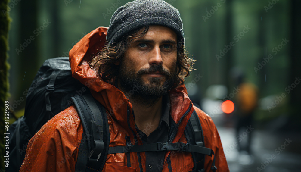 Young adult man hiking in the winter forest with a backpack generated by AI Young adult man hiking in the winter forest with a backpack generated by AI