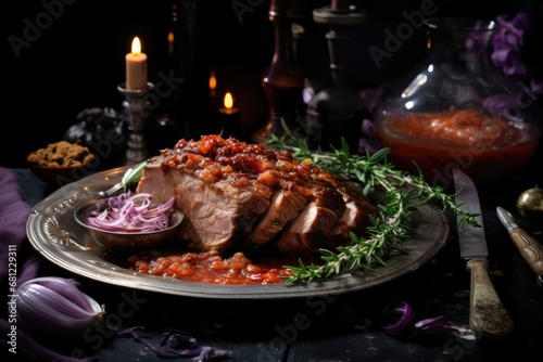 Crispy roast pork with chunky tomato sauce, served on a decorative silver platter, accompanied by herbs and onions.