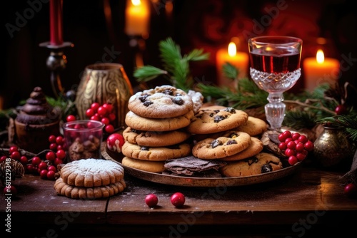 Cozy Christmas scene with wine and cookies on a festive table.