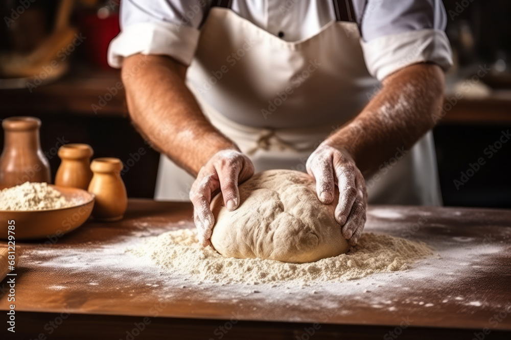 A bakery chef kneading dough at a kitchen wooden table makes delicious bread every day for customers who love it. Flour becomes dough on a wood table. Concept suitable for handmade meals and breakfast