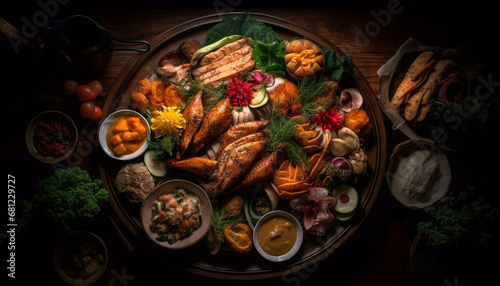 Grilled meat, barbecue, fresh vegetables, gourmet salad, rustic wood table generated by AI