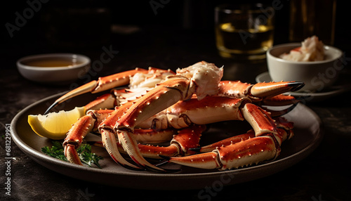 Freshly cooked crab leg on a rustic plate, ready to eat seafood generated by AI photo