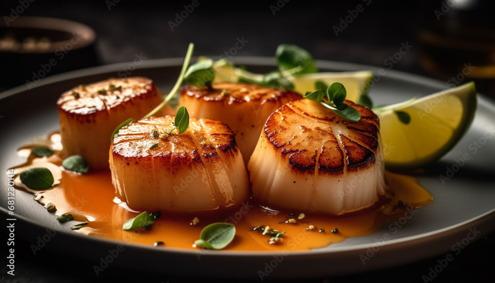 Grilled seafood plate, freshness and healthy eating with vegetable appetizer generated by AI