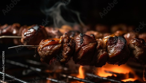 Grilled meat on coal, barbecue fire, natural flame, heat cooking generated by AI