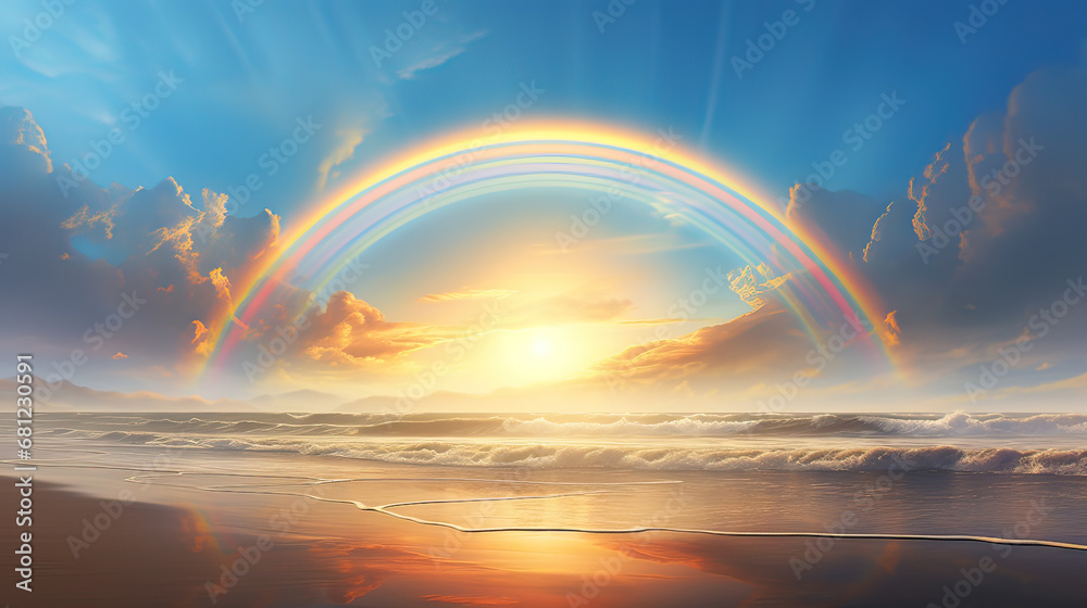 Ephemeral moment of a beach rainbow arching gracefully over a sunlit seascape AI generative Ephemeral moment of a beach rainbow arching gracefully over a sunlit seascape AI generative