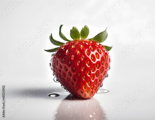 Fresh Single Strawberry with Dew Drops on Surface and Reflection on White Background - Detailed Close-up for Culinary and Nutritional Concepts 