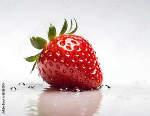 Fresh Single Strawberry with Dew Drops on Surface and Reflection on White Background - Detailed Close-up for Culinary and Nutritional Concepts 
