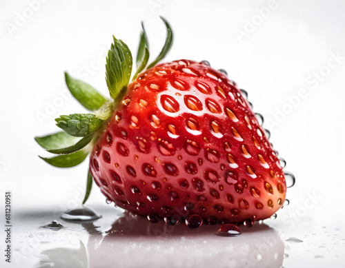 Fresh Single Strawberry with Dew Drops on Surface and Reflection on White Background - Detailed Close-up for Culinary and Nutritional Concepts 