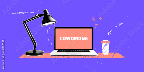 Trending co-working concept. Modern halftone collage with doodle elements. Work desk with laptop, lamp and coffee. 