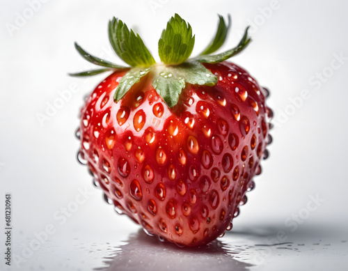 Fresh Single Strawberry with Dew Drops on Surface and Reflection on White Background - Detailed Close-up for Culinary and Nutritional Concepts 