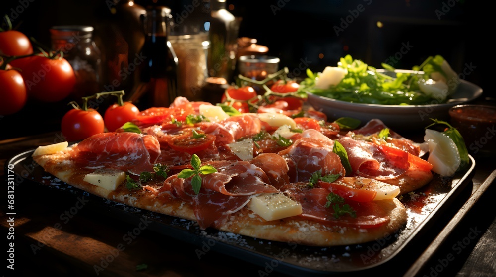 Pizza with prosciutto, mozzarella and tomatoes Pizza with prosciutto, mozzarella and tomatoes