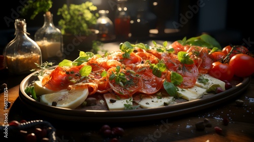 Salmon carpaicco with mozzarella  tomatoes and basil