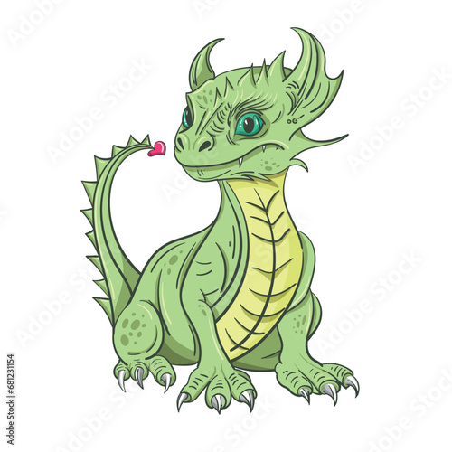 A cute cartoon green dragon holds . New year 2024 animal vector illustration on white background. Nice nursery. For calendars  cards  design  interior.