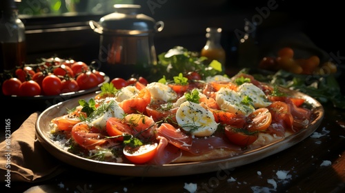 Salad with tomatoes  mozzarella and fresh herbs on wooden table
