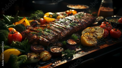Tasty grilled ribs with vegetables on grill pan