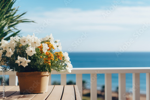 Ocean-View Balcony Garden: A close-up shot captures the intricate details of a balcony garden with a mesmerizing ocean backdrop, infusing a refreshing spring ambiance