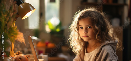 photo of a child girl eating at the table and looking at a laptop