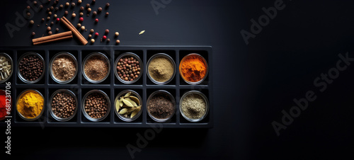 Sleek Spice Arrangement: Up-close composition emphasizing the sleek arrangement of assorted spices stored in containers on a glossy black wooden background, Banner, place for text.