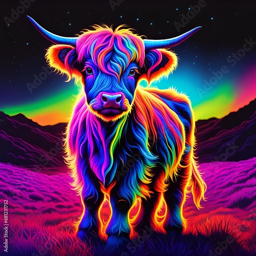 Hamish the Rainbow Scottish Highland Cow and the Northern Lights. photo