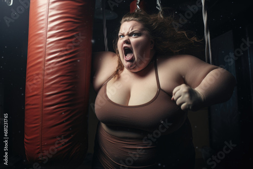 Weight Loss Triumph: Striking image portraying a triumphant moment in the weight loss journey, featuring an overweight woman conquering challenges on a punching bag