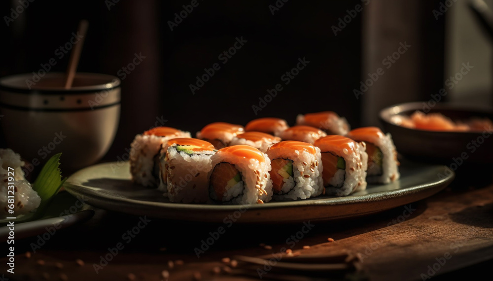 Freshness and cultures on a plate gourmet seafood meal with maki sushi generated by AI Freshness and cultures on a plate gourmet seafood meal with maki sushi generated by AI