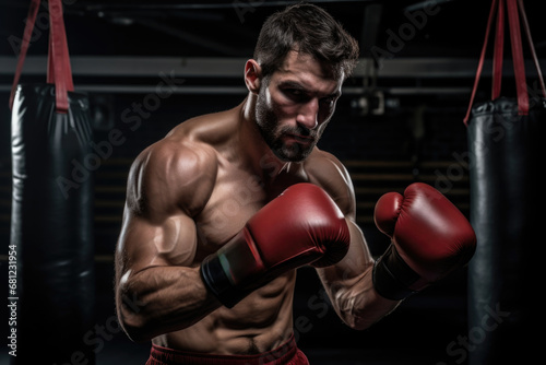 Boxing Power Unleashed: Witness the raw power as an athletic man channels his strength into a vigorous workout on a punching bag