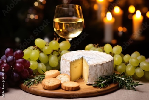 white wine in a glass, cheese, grapes, truffles