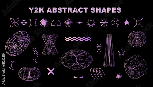 Set of abstract aesthetic y2k geometric elements and 3D wireframe shapes. Gradient retro line design elements. Vector illustration for social networks or posters on a white background