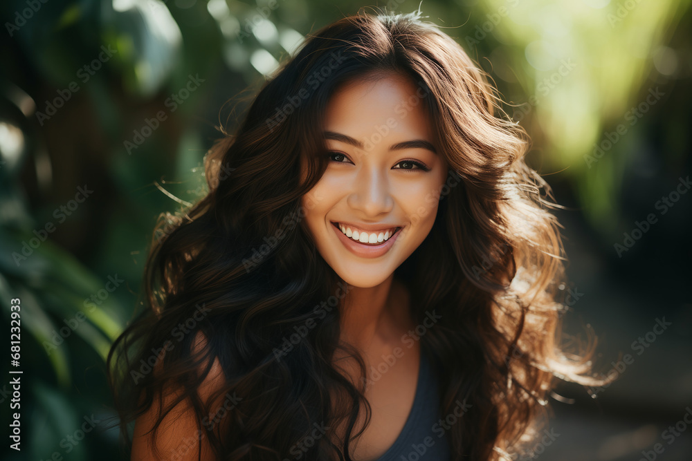 A closeup photo portrait of a beautiful young filipino model woman smiling with clean teeth. used for a skincare or beauty ad A closeup photo portrait of a beautiful young filipino model woman smiling with clean teeth. used for a skincare or beauty ad