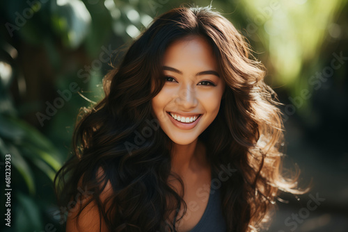 A closeup photo portrait of a beautiful young filipino model woman smiling with clean teeth. used for a skincare or beauty ad photo